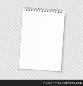 Blank notebook sheets. Realistic notepad with binder. 3D white paper page and perforated edge. Isolated empty copybook for writing on transparent background. Vector stationery template with copy space. Blank notebook sheets. Realistic notepad with binder. 3D paper page and perforated edge. Isolated copybook for writing on transparent background. Vector stationery template with copy space