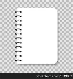 Blank notebook with spiral. Paper note with cover and binder. White notepad isolated on transparent background. Mockup of diary, memo, copybook, organizer, textbook. Empty page document. Vector.. Blank notebook with spiral. Paper note with cover and binder. White notepad isolated on transparent background. Mockup of diary, memo, copybook, organizer, textbook. Empty page document. Vector