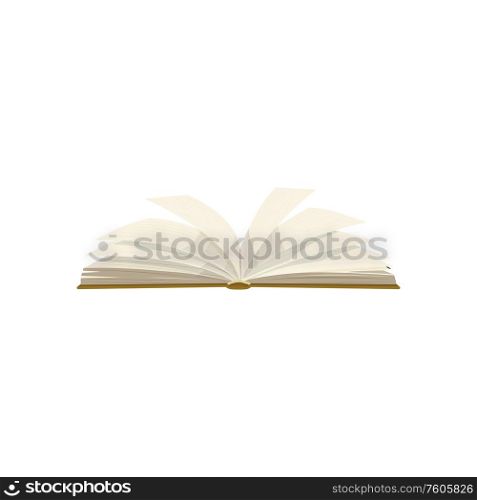 Blank open book isolated textbook. Vector school encyclopedia in hardcover, diary notebook. Open textbook in hard cover isolated school book
