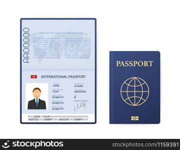Blank open passport template. International passport with sample personal data page. Vector stock illustration. Blank open passport template. International passport with sample personal data page. Vector stock illustration.