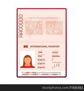 Blank open passport template. International passport with sample personal data page. Vector stock illustration. Blank open passport template. International passport with sample personal data page. Vector stock illustration.