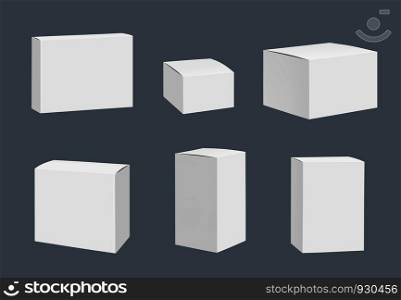 Blank packages mockup. Quadrate white closed boxes containers vector realistic template isolated. Illustration of box container, mockup package cardboard. Blank packages mockup. Quadrate white closed boxes containers vector realistic template isolated