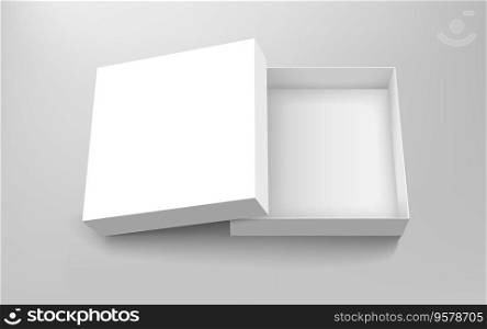 Blank paper box, top view of empty open box isolated on gray background, 3d illustration. Blank paper box