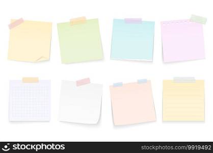 Blank paper notes attached by adhesive tape, white background, vector eps10 illustration. Paper Notes