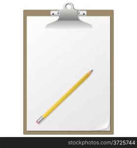 Blank paper on clipboard with pencil isolated on white background.