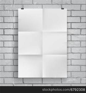 Blank paper poster on brick wall background. Place your design and apply Transparency with Multiply blending mode to it. Vector eps-10.