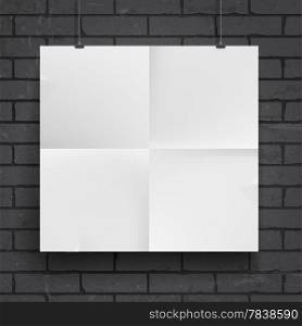 Blank paper poster on brick wall background. Place your design and apply Transparency with Multiply blending mode to it. Vector eps-10.