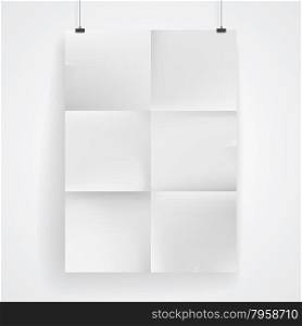 Blank paper poster on white wall. Place your design and apply Transparency with Multiply blending mode to it. Vector eps-10.