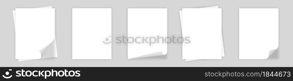 Blank paper sheet with shadow on gray background. Set whites pieces curl pages A4 format. 3d realistic mockup. Vector illustration eps10.. Blank paper sheet with shadow on gray background. Set whites pieces curl pages A4 format.