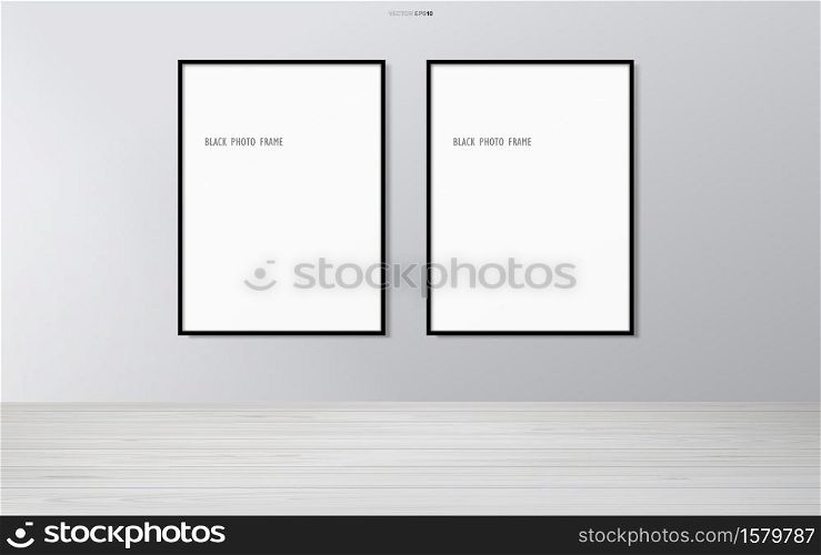Blank photo frame or picture frame in wooden room background. Vector illustration.