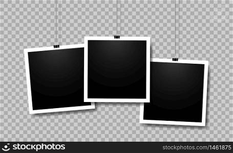Blank photo frame set for photography. Picture frame hanging on paper clip in vintage style. Template memory photo album on wall. Set of instant snapshot mockup on isolated background. vector eps10. Blank photo frame set for photography. Picture frame hanging on paper clip in vintage style. Template memory photo album on wall. Set of instant snapshot mockup on isolated background. vector