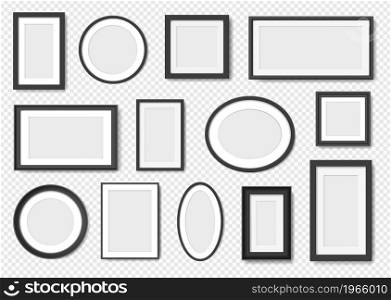 Blank photo frames, modern black frame for pictures or paintings. Empty picture framing in various shapes, wall poster border mockup vector set. Square, oval and round objects for decoration