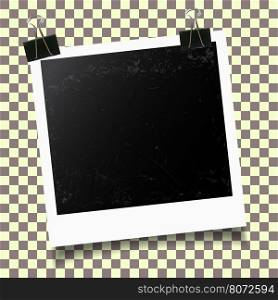 Blank photo frames. Retro photo frame with binder clip on checkered background. Vector illustration.. Photo frame template