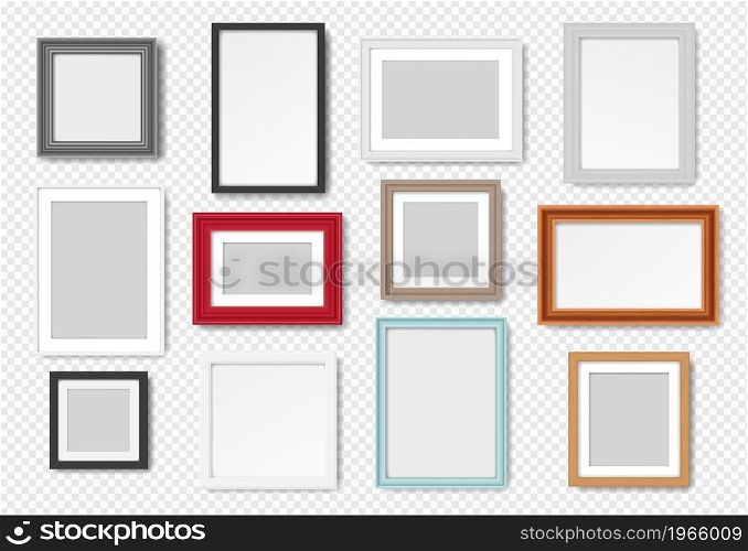 Blank picture frame mockup, realistic frames for paintings, posters or photos. Vintage wooden photo frame, art gallery wall frame vector set. Colorful borders for artworks and home decoration