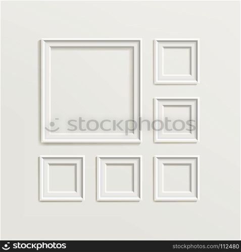 Blank Picture Frame Template Composition Set. Gallery Interior With Empty Wooden Frames Indoor Vector Design. Blank Picture Frame Template Composition Set Vector