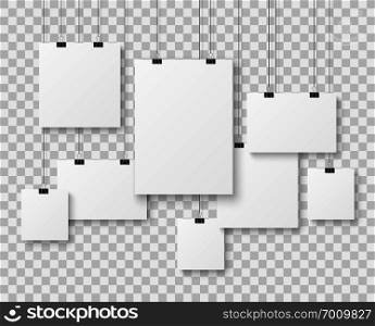 Blank picture gallery. Presentation paper posters, photo canvas clean advertising hanging banner on strings vector isolated mockups. Blank picture gallery. Presentation paper posters, photo canvas clean advertising hanging banner on strings vector