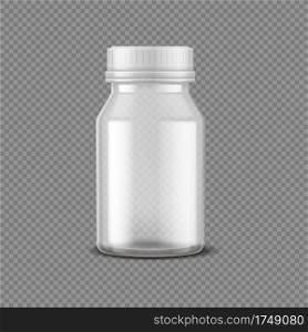 Blank pills bottle. Realistic medical plastic container for capsules. 3D vial with white cap on transparent background. Pharmaceutical packaging for medicines or vitamins, vector brand identity mockup. Blank pills bottle. Realistic medical container for capsules. 3D vial with cap on transparent background. Pharmaceutical packaging for medicines or vitamins, vector brand identity mockup