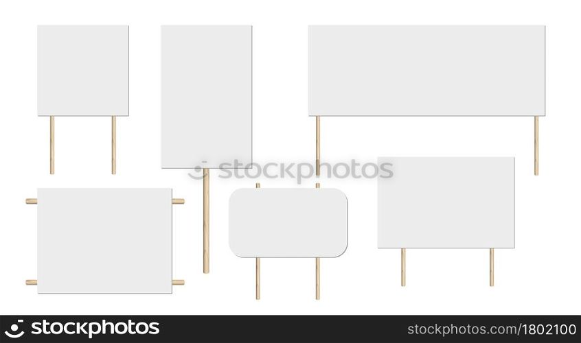 Blank placard. Realistic whiteboard on wooden sticks. Square plank mockup. Aid templates set. White empty frames. Demonstration billboards. 3D vector illustration isolated on white background.. Blank placard. Realistic whiteboard on wooden sticks. 3D vector illustration