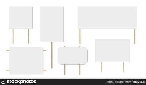 Blank placard. Realistic whiteboard on wooden sticks. Square plank mockup. Aid templates set. White empty frames. Demonstration billboards. 3D vector illustration isolated on white background.. Blank placard. Realistic whiteboard on wooden sticks. 3D vector illustration