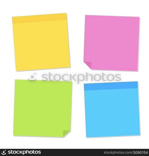 Blank post for message, to do list, memory. Sticky colored notes. Set different colored sheets of note paper. Post note paper with curled corners and shadows. Vector illustration. Blank post for message, to do list, memory. Sticky colored notes. Set different colored sheets of note paper. Post note paper with curled corners and shadows. Vector