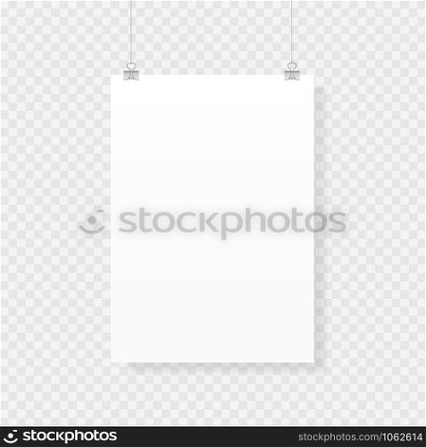 Blank poster mockup isolated on transparent background in realistic style. Paper sheet template. Vector illustration.