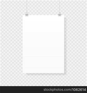 Blank poster mockup isolated on transparent background in realistic style. Paper sheet template. Vector illustration.