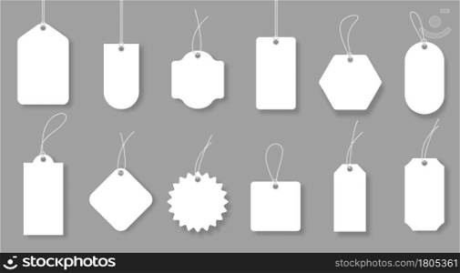 Blank price labels, white luggage badges and gift tags. Realistic sale discount label mockup, empty paper gift tag with cord vector set. Cards of different shapes for pricing hanging on ropes. Blank price labels, white luggage badges and gift tags. Realistic sale discount label mockup, empty paper gift tag with cord vector set