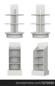 Blank racks with shelves. Market advertising empty modern information stands in market vector realistic picture. Empty shelf for exhibition, 3d rack for store promotion illustration. Blank racks with shelves. Market advertising empty modern information stands in market vector realistic picture