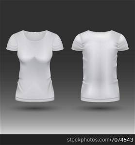 Blank realistic 3d white woman t shirt vector template isolated. Mockup tshirt female, fashion classic wear illustration. Blank realistic 3d white woman t shirt vector template isolated