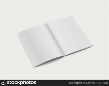 Blank realistic book open template. Mockup cover flyer on grey background. 3D vector illustration.