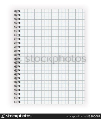 Blank realistic cell lined notebook with shadow. Copybook with blank opened ruled page on metallic spiral, dairy or organizer mockup or template for your text. vector illustration.. Blank realistic vector horizontal lined notebook