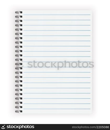 Blank realistic horizontal lined notebook with shadow. Copybook with blank opened ruled page on metallic spiral, dairy or organizer mockup or template for your text. vector illustration.. Blank realistic vector horizontal lined notebook