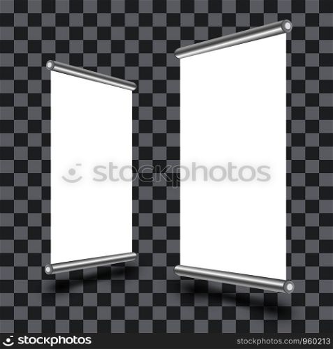 Blank roll-up banner display isolated on transparent background. Vertical roll up board template. Vector illustration.. Blank roll-up banner display isolated on transparent background. Vertical roll up board template. Vector illustration