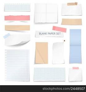 Blank school notebook page strips graph paper notes with shadow curled edge effect realistic samples collection vector illustration . Blank Paper Sheets Strips Realistic Collection