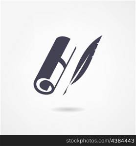 Blank scroll and quill pen on white background