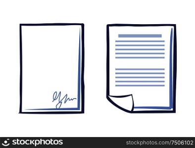 Blank sheet of paper with signature and document with text isolated. Office page with scribble in right corner. Line art signed agreement or contract vector. Blank Sheet of Paper with Signature and Document