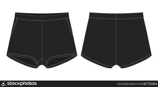 Blank shorts pants technical sketch design template. Black color. Casual shorts with pockets. CAD mockup. Front and back. Technical fashion vector illustration. Blank shorts pants technical sketch design template. Black color. Casual shorts with pockets.