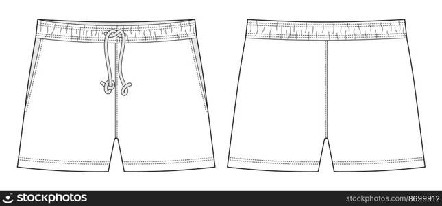Blank shorts pants technical sketch design template. Casual shorts with pockets and lace. CAD mockup. Front and back. Fashion vector illustration.. Blank shorts pants technical sketch design template. Casual shorts with pockets and lace
