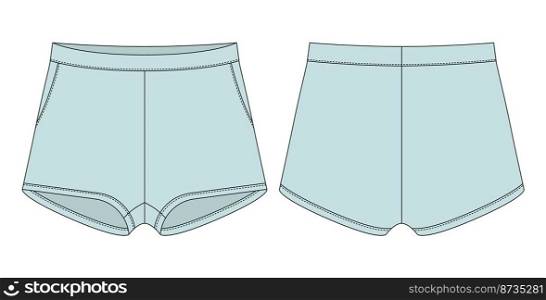 Blank shorts pants technical sketch design template. Light blue color. Casual shorts with pockets. CAD mockup. Front and back. Technical fashion vector illustration. Blank shorts pants technical sketch design template. Light blue color. Casual shorts with pockets.