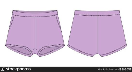 Blank shorts pants technical sketch design template. Pastel purple color. Casual shorts with pockets. CAD mockup. Front and back. Technical fashion vector illustration. Blank shorts pants technical sketch design template. Pastel purple color.
