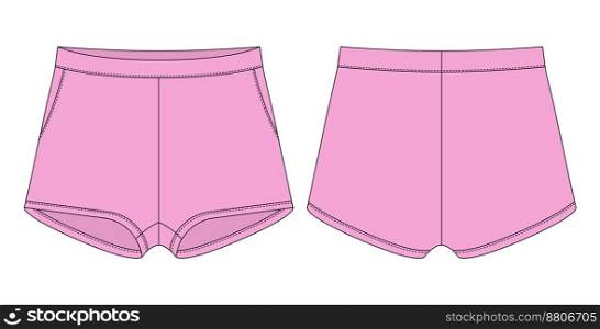 Blank shorts pants technical sketch design template. Pink color. Casual shorts with pockets. CAD mockup. Front and back. Technical fashion vector illustration. Blank shorts pants technical sketch design template. Pink color. Casual shorts with pockets