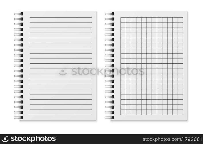 Blank sketchbook. Realistic padded diary notebook with dots and lines on metal spiral. White copybook sheets, paper open organizer, planner top view, office or school stationery. Vector isolated set. Blank sketchbook. Realistic padded diary notebook with dots and lines on metal spiral. White copybook sheets, paper open organizer, office or school stationery. Vector isolated set