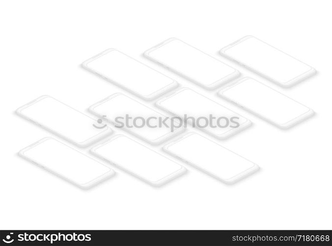 Blank smartphones. Phone wireframe interfaces showcase. App cellphone screens vector mockup. Mock up wireframe for screen cover illustration. Blank smartphones. Phone wireframe interfaces showcase. App cellphone screens vector mockup