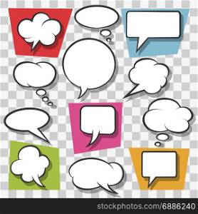 Blank speech bubbles drawn in pop art style on transparent background. Vector illustration