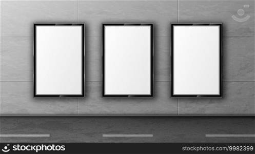 Blank street billboards on tiled wall. White posters in black frame for outdoor advertising. Vector realistic mockup of empty display boards on city road. Template of 3d promotion banners. Blank street billboards in black frames on wall
