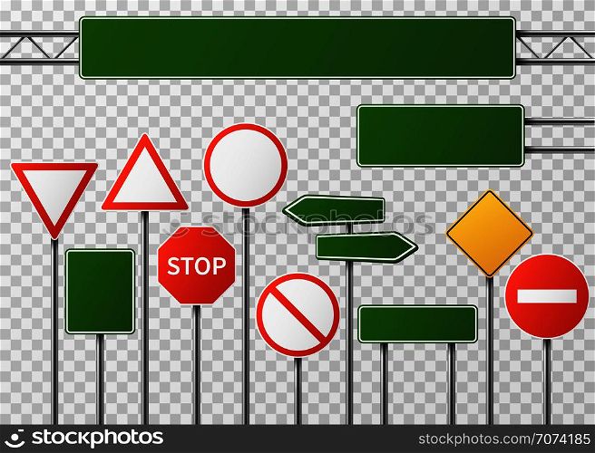 Blank street traffic and road signs vector set isolated. Collection of sign road, signpost and guidepost for transport illustration. Blank street traffic and road signs vector set isolated