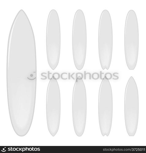 Blank surfing boards of different shapes isolated on white background.