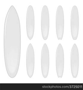 Blank surfing boards of different shapes isolated on white background.