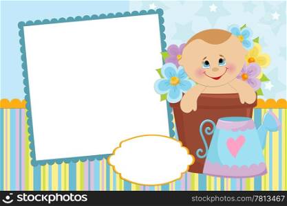 Blank template for baby&rsquo;s greetings card or photo frame in blue colors