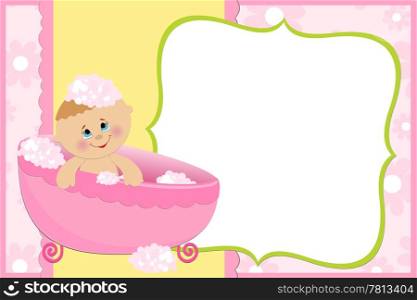 Blank template for baby&rsquo;s greetings card or photo frame in pink colors